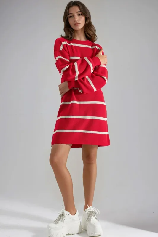 Ribbed Striped Knit Mini Dress with Crew Neck - MyFashion
