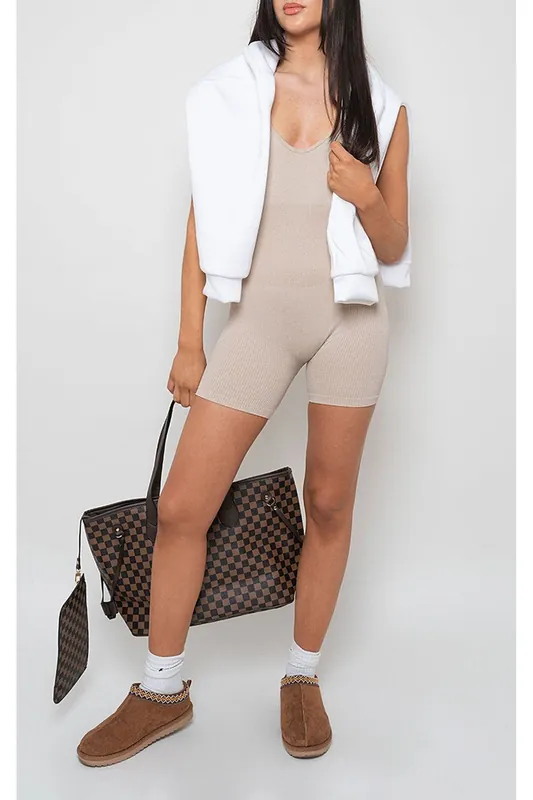 Fern Seamless Ribbed Sleeveless Strap Bodycon Jumpsuit - IKRUSH