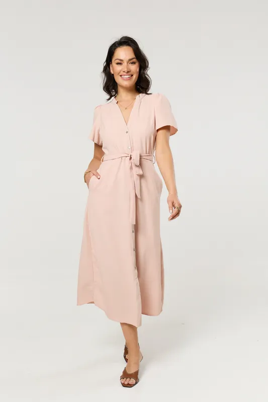 Dusty Pink Button-Down Midi Dress