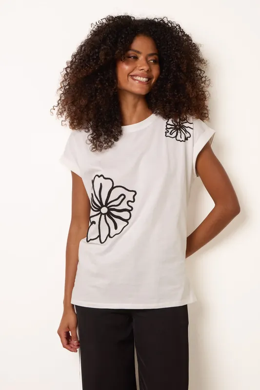 Ivory T-Shirt With Big Floral Embroidery