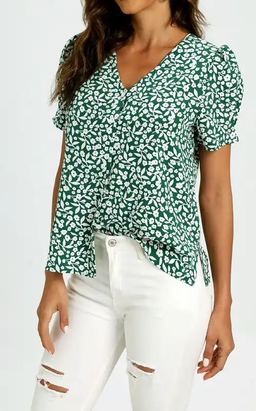Short Sleeve Buttoned Blouse Top In Green & White Flora Print - FS Collection