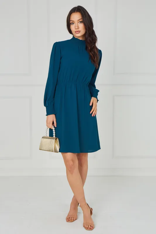 Teal Shirred Neck Long Sleeve Dress - Love Sunshine