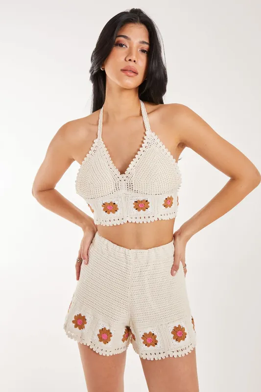 Tie Flower Detail Crochet Bralette - Pink Vanilla
