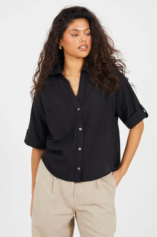 V-Neck Button Through Short Sleeve Shirt