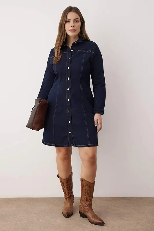 Button Front Denim Shirt Collar Mini Dress - WOVCOR