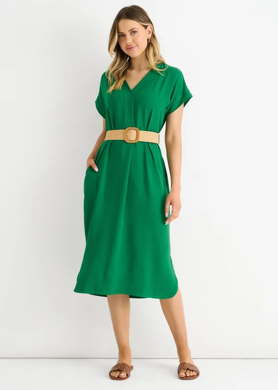 Green Air Flow Belted Oversized Dress - Gini London