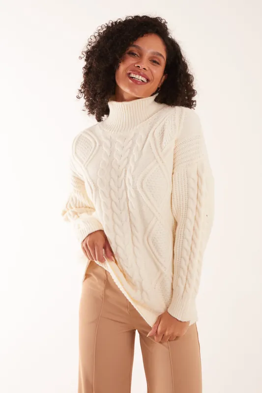 Ivory Cable Knit Roll Neck Jumper - Blue Vanilla