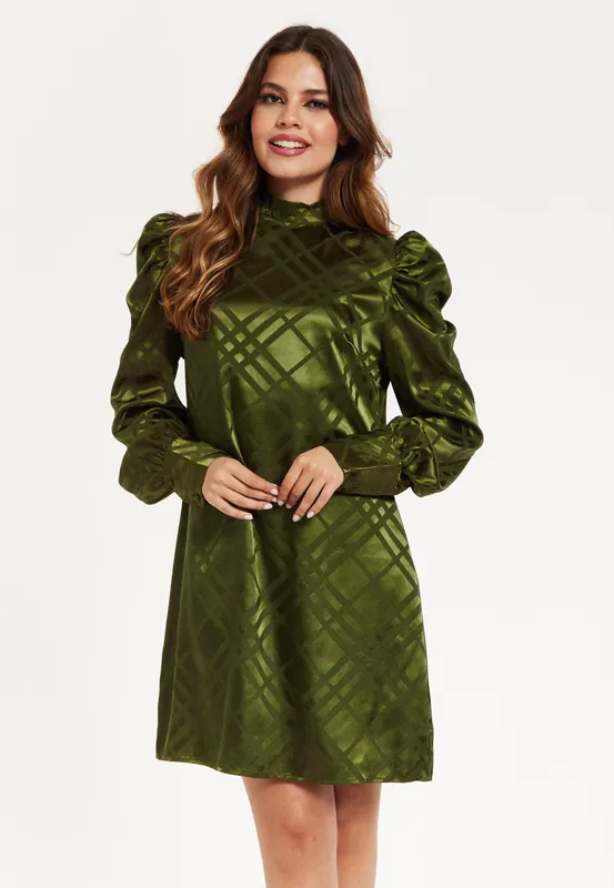 Khaki Check Jacquard Mini Dress - Liquorish
