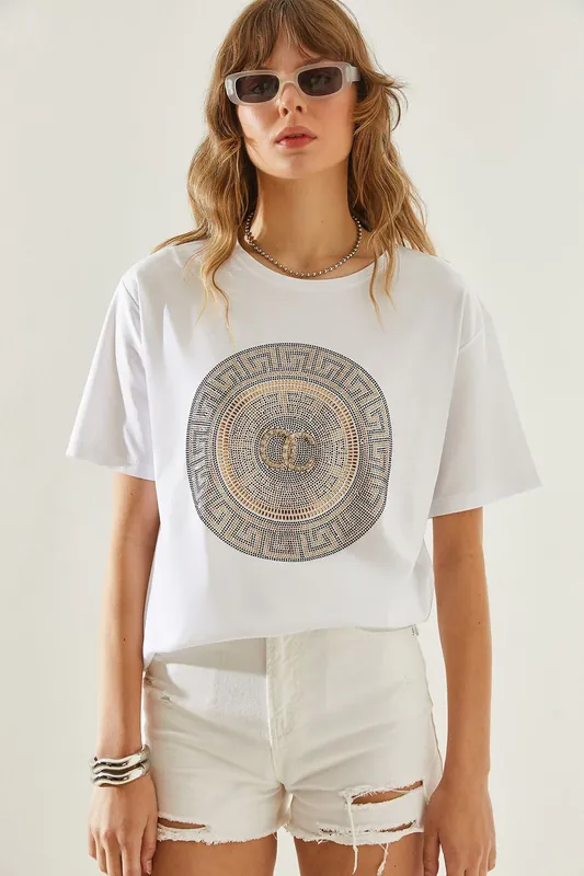 Embroidered Printed Crew Neck T-Shirt