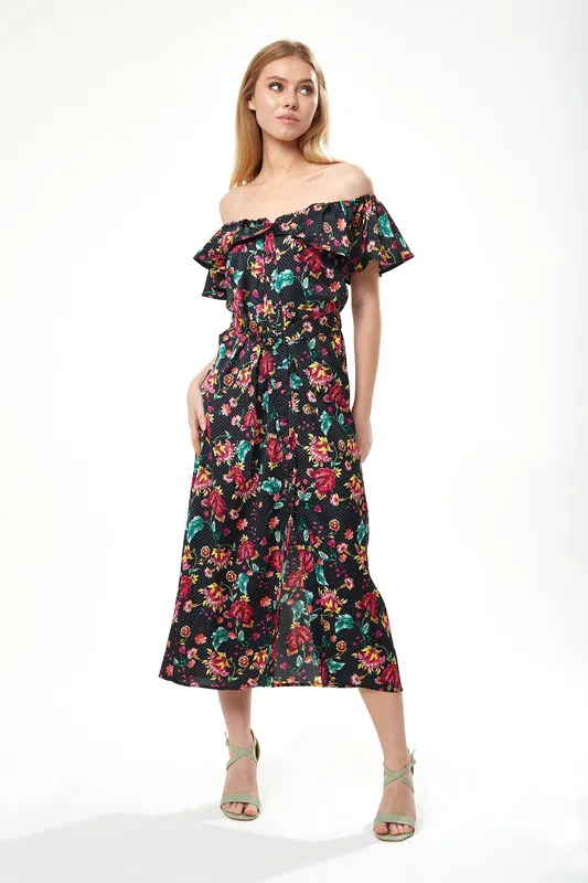 Belted Midi Dress with Off Shoulder Sleeves in Black Based Floral Print - Liquorish