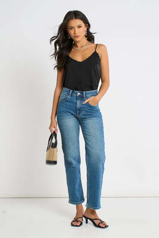 Black Scallop Trim Satin Cami Top - Gini London