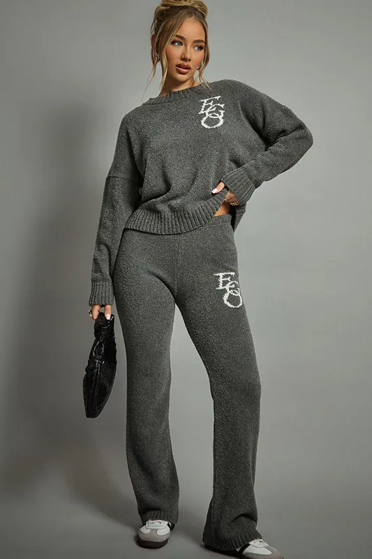 Straight Leg Graphic Print Knit Mid Rise Trousers - EGO