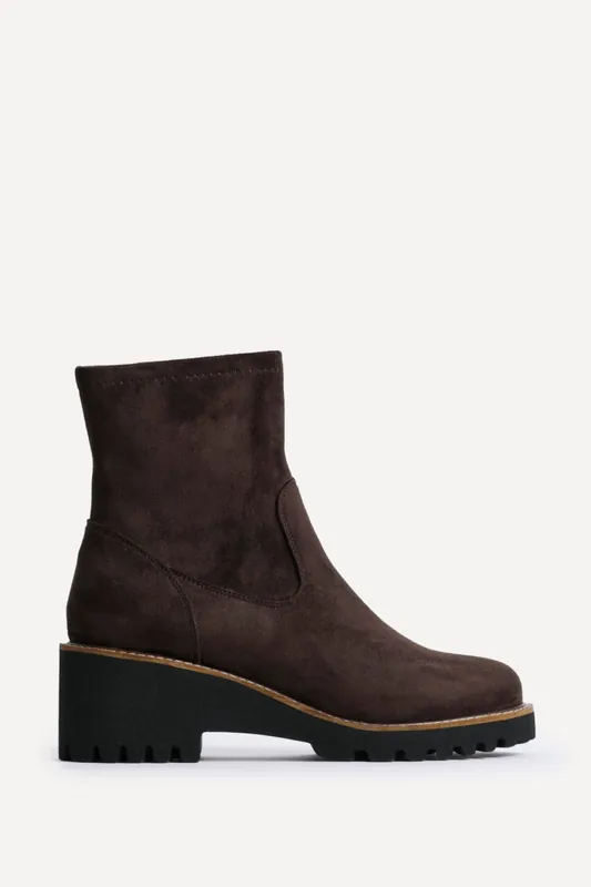 Trish Brown Faux Suede Wedged Ankle Boots - Linzi