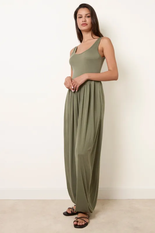 Khaki Jersey Balloon Leg Jumpsuit With Pockets - Blue Vanilla