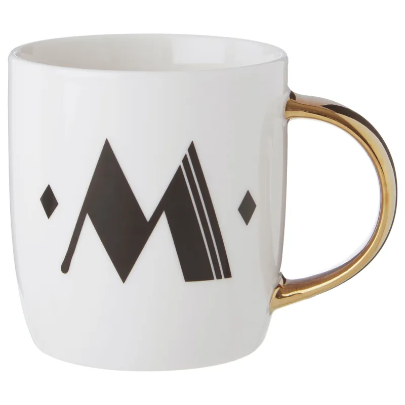 Chic Diamond Deco M Letter Monogram Mug,Bone China Travel Mug,Coffee Mug With Black Etched Letter Detail - Orsina