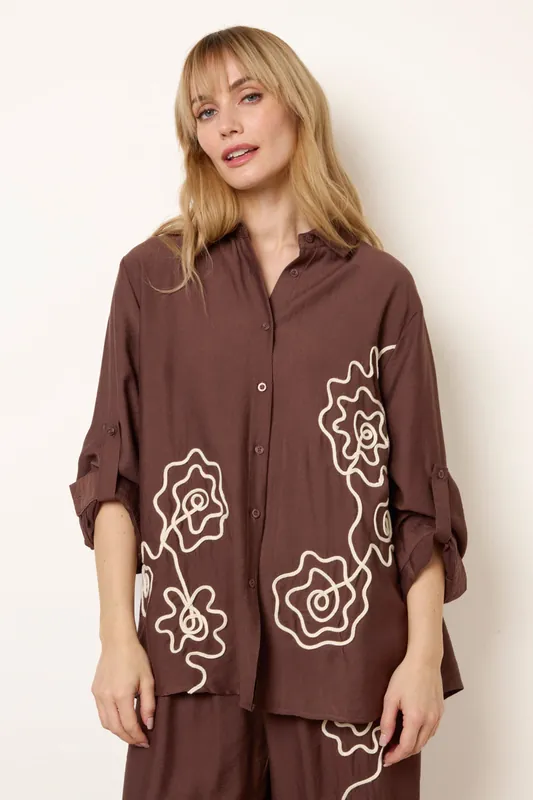Brown Floral Embroidery Shirt - Blue Vanilla