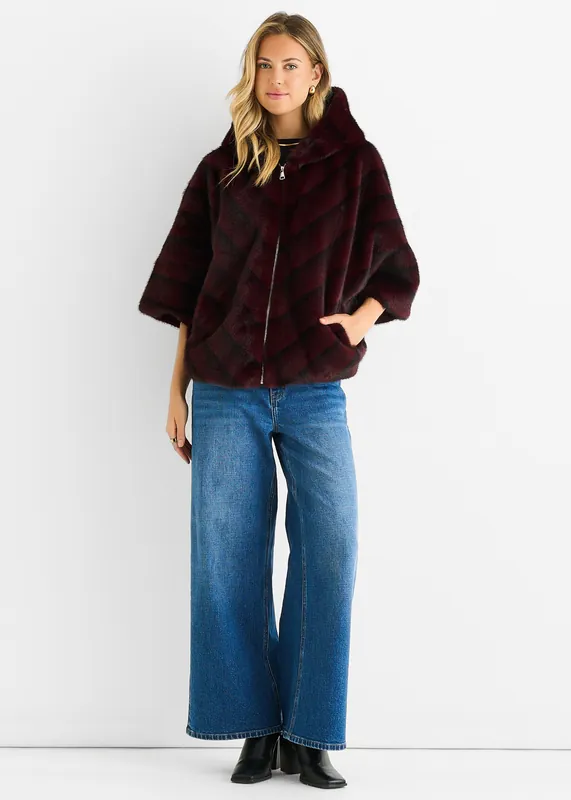 Burgundy Hooded Chevron Faux Fur Cape Jacket - Gini London