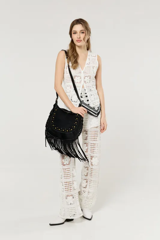 Black Fringe Stud Shoulder Bag - Liquorish