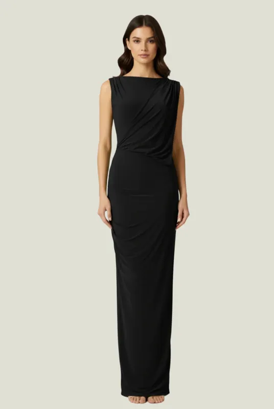 Black Draped Formal Occasions Maxi Dress - AVINCI