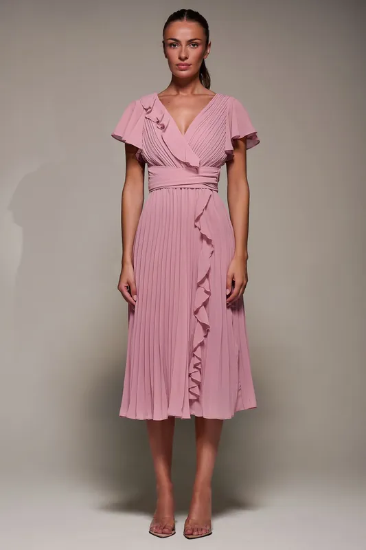 Chiffon Pleated Ruffle Midi Dress - Jolie Moi