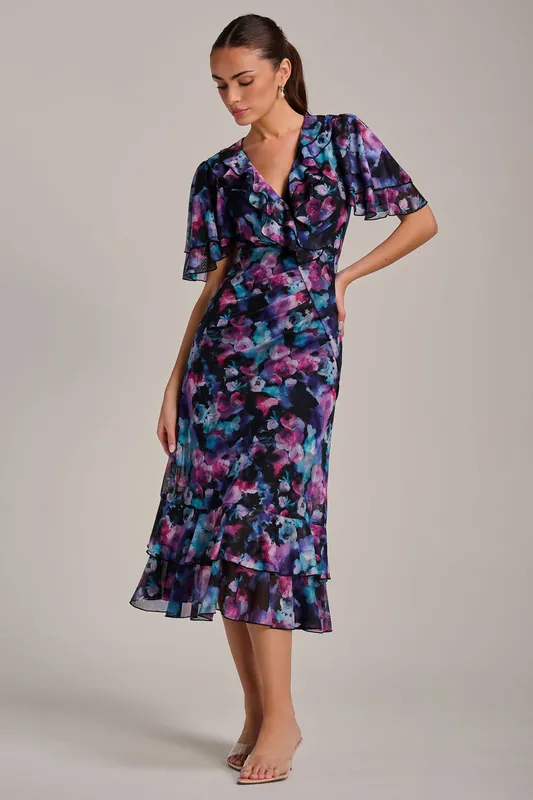 Ruffle Detail Ruched Mesh Midi Dress - Jolie Moi