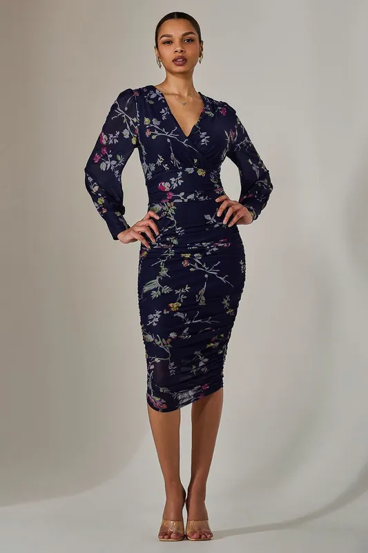 Mesh Long Sleeve Ruched Bodycon Dress - Jolie Moi