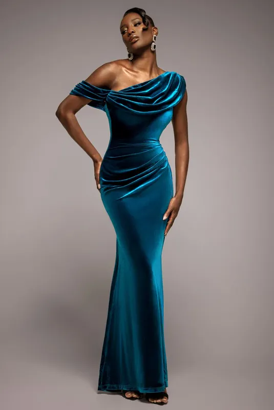 Cowl One Shoulder Velvet Maxi Dress - Goddiva