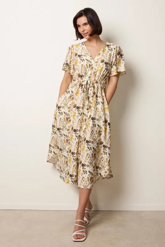 Light Brown Leaf Print Tie Waist Shirt Midi Dress - Blue Vanilla