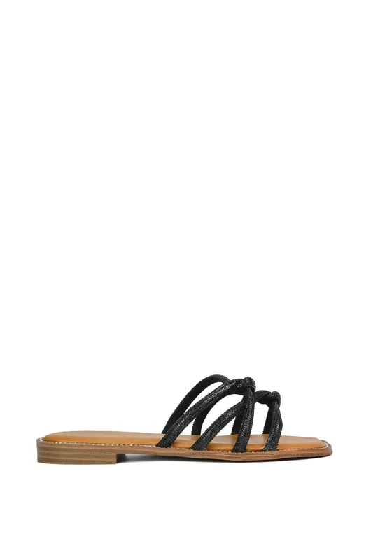 Sofia' Strappy Diamante Trim Square Toe Flat Sandals - XY London