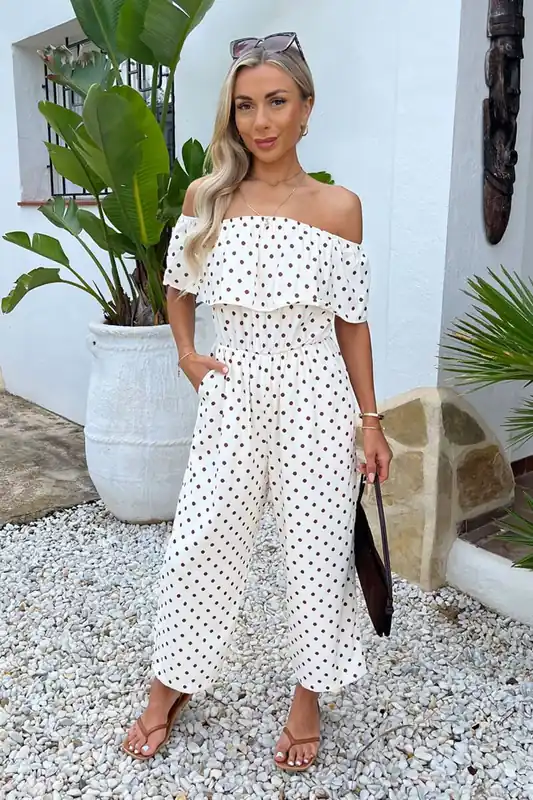 Cream And Brown Polka Dot Bardot Frill Culotte Jumpsuit - AX Paris