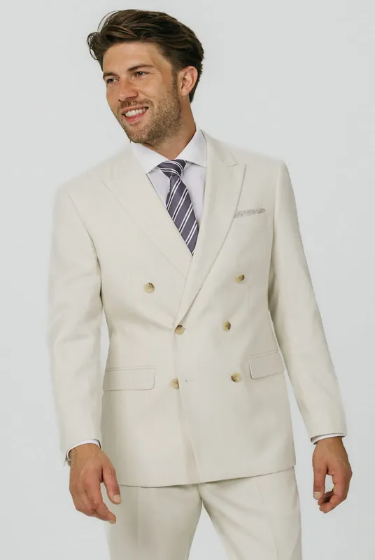 Winter White Twill Double Breasted Suit Jacket with Peak Lapel - Dobell