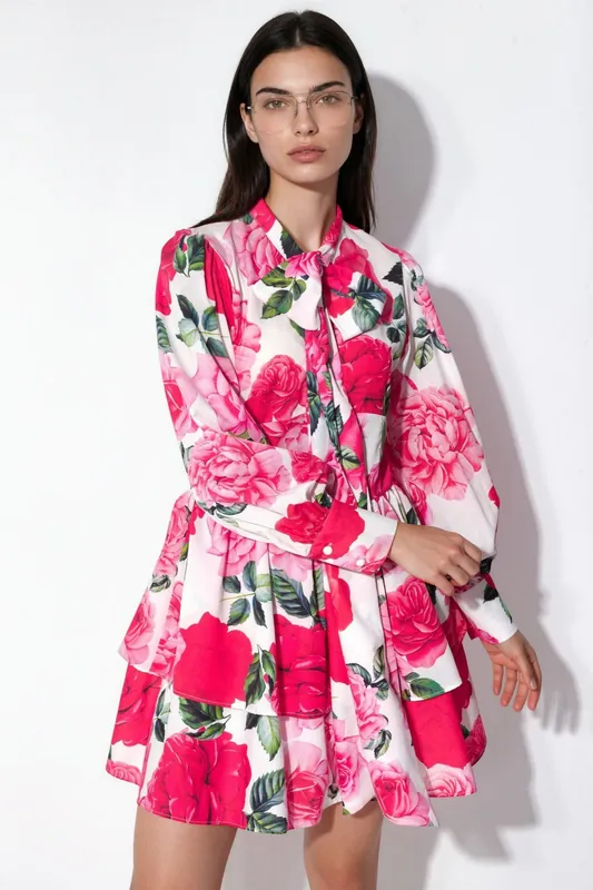 Floral mini shirt dress with bow detail - MSN Collection