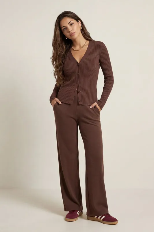 Soft Rib V Cardigan set Chocolate - Urban Bliss