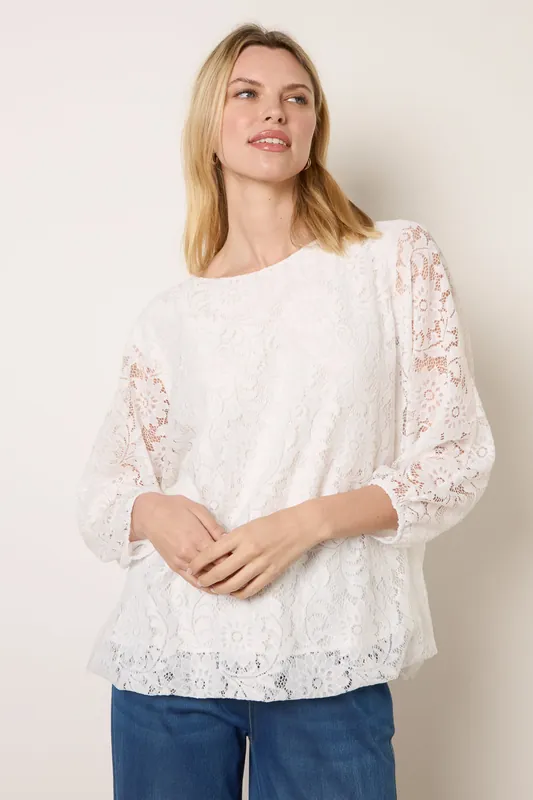 Ivory Lace Puffball Batwing Top - Blue Vanilla