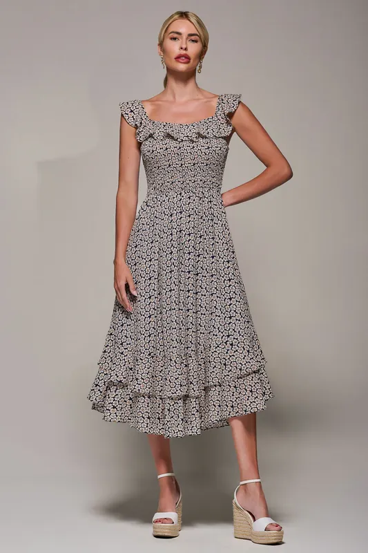 Shirred Ruffle Sleeve Tiered Midi Dress - Jolie Moi