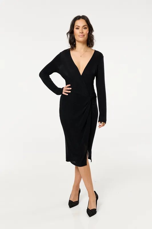 Black Glitter Knot Front Midi Dress - Liquorish