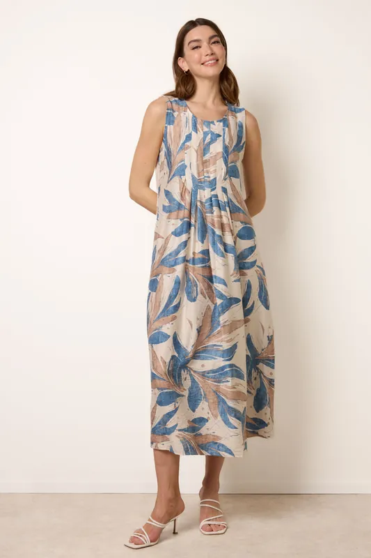 Blue Dress With Tropical Leaf Print - Blue Vanilla
