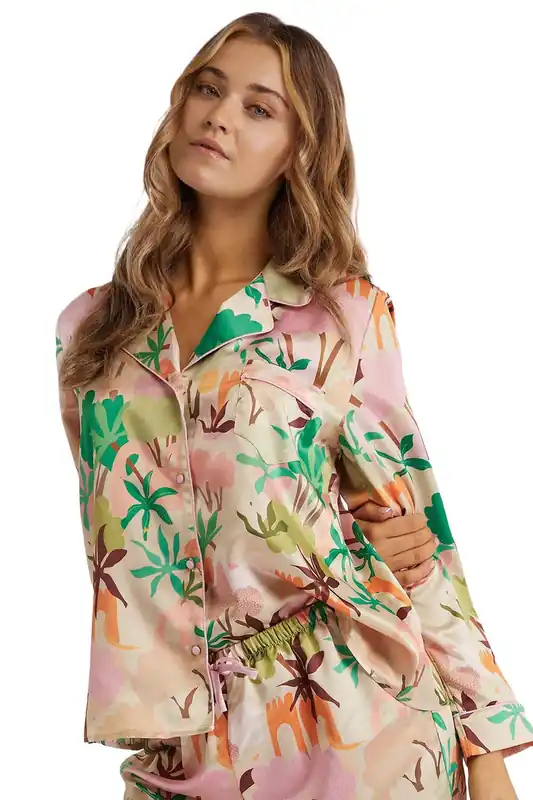Alja Horvat Abstract Print Long Sleeve Satin 'Pj Top' - Playful Promises