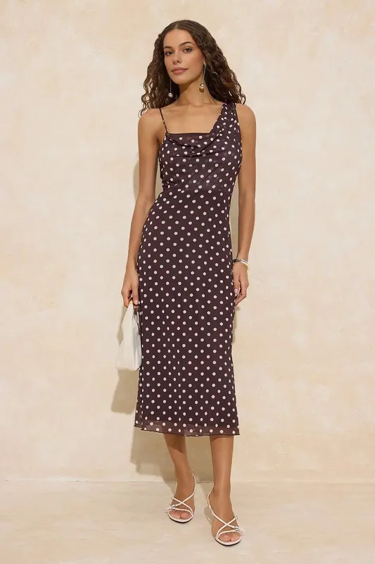 Polka Dot Cowl Neck Strappy Fitted Midi Dress with Drape - WOVCOR