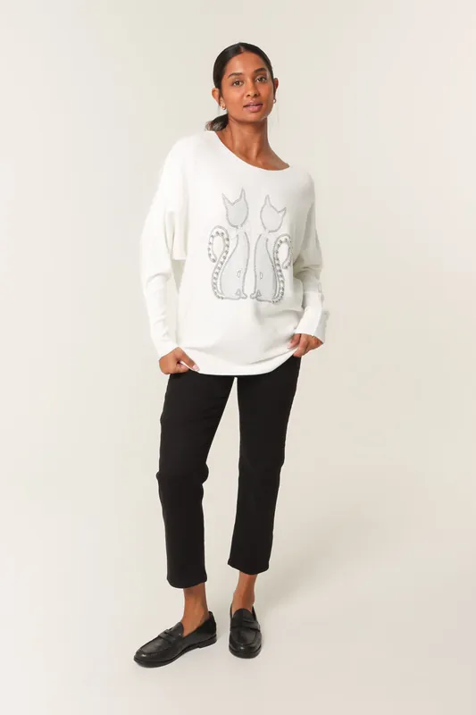 Ivory Embellished Cat Jumper - Blue Vanilla