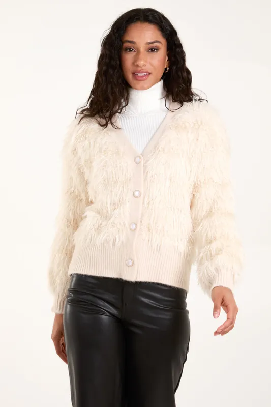 Stone Fluffy Pearl Button Cardigan - Blue Vanilla