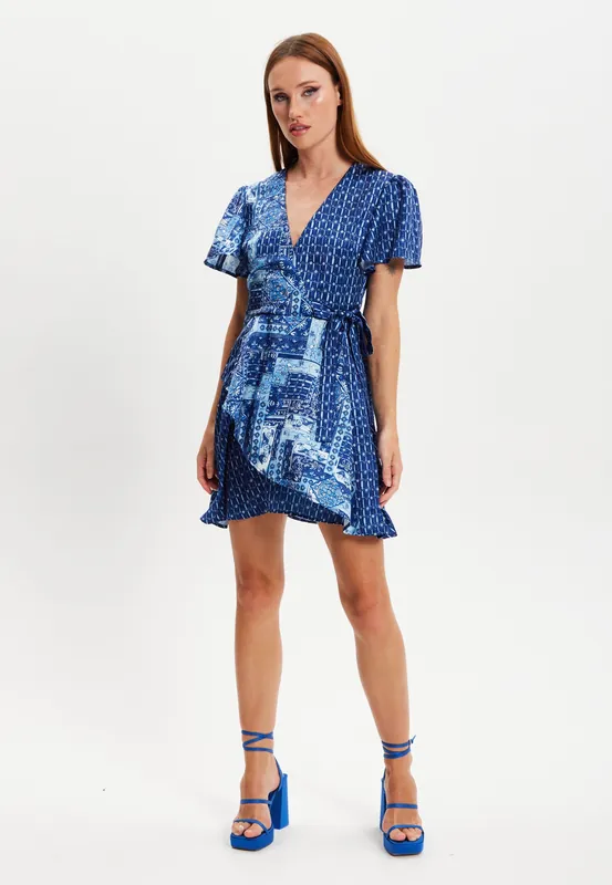 Scarf Print Angel Sleeve Wrap Mini Dress - Liquorish