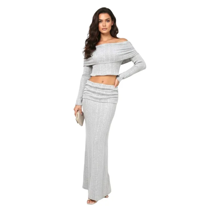 Grey Off-Shoulder Melange Brush Knitted Co-ord Set