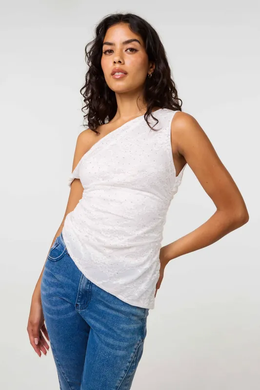Ivory Diamante Lace Off Shoulder Top - Pink Vanilla