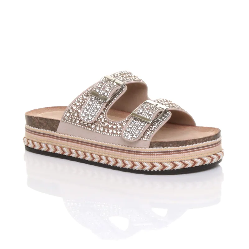 Platform Chunky Sole Diamante Buckle Footbed Sandals - AJVANI