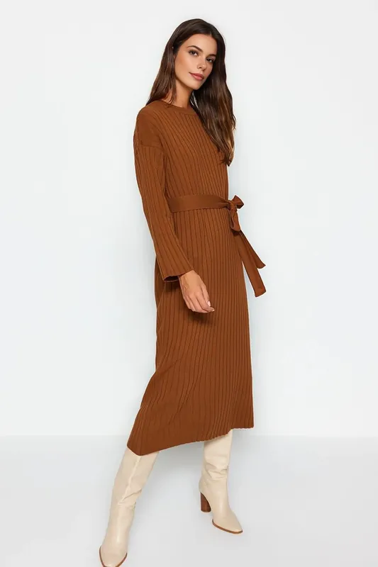 Ribbed Belted Long Sleeve Midi Knit Dress - WOVCOR