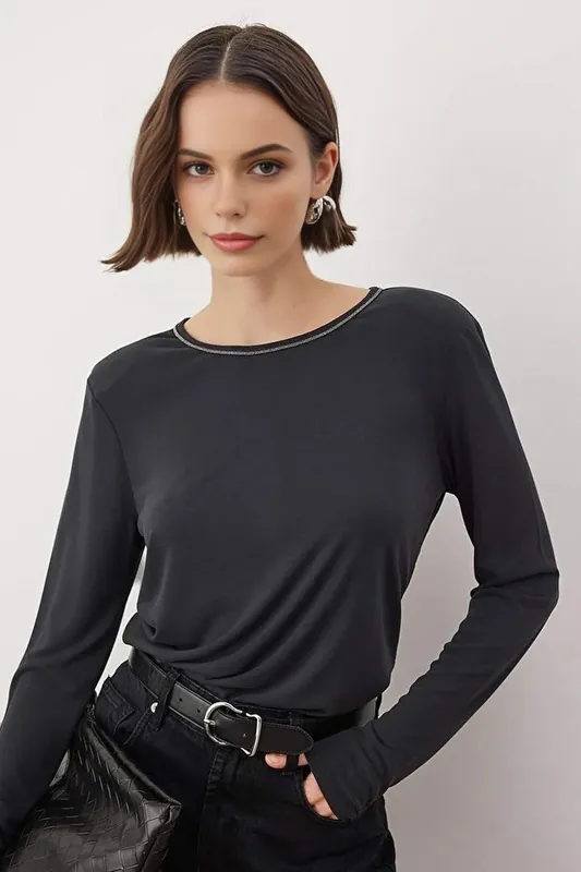 Crew Neck Stretch Knit Blouse with Embellished Collar - WOVCOR