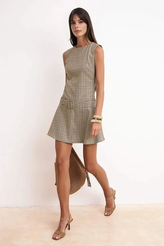 Checked Sleeveless Mini A-Line Dress with Belt & Structured Fit