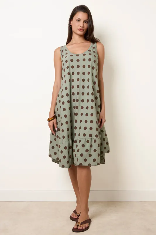 Green Polka Dot Linen Like Dress - Blue Vanilla