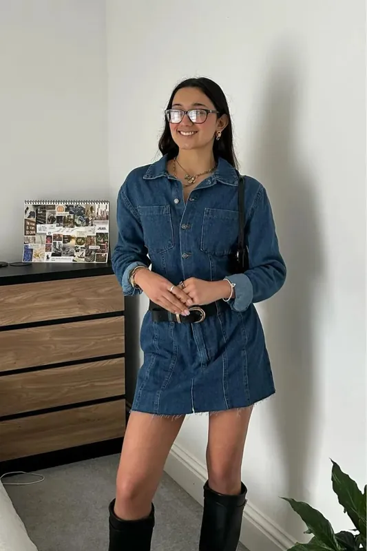 Polo Collar Buttoned Long Sleeve Mini Dress - Hiccup